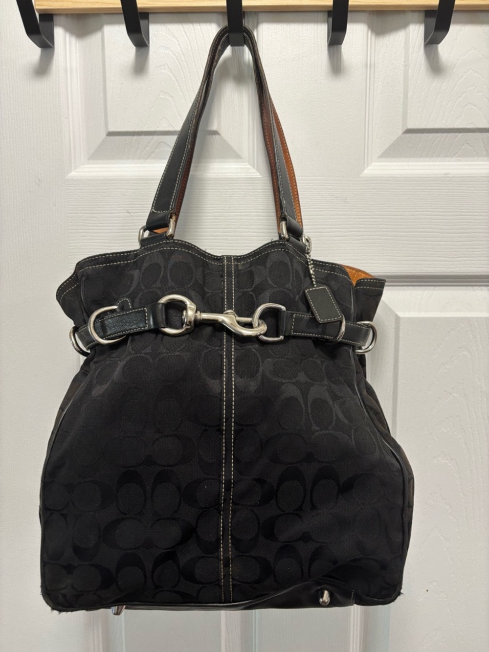 Coach VINTAGE A04J-6352 Black Signature C Belted Carryall Bucket Bag Tote VGUC